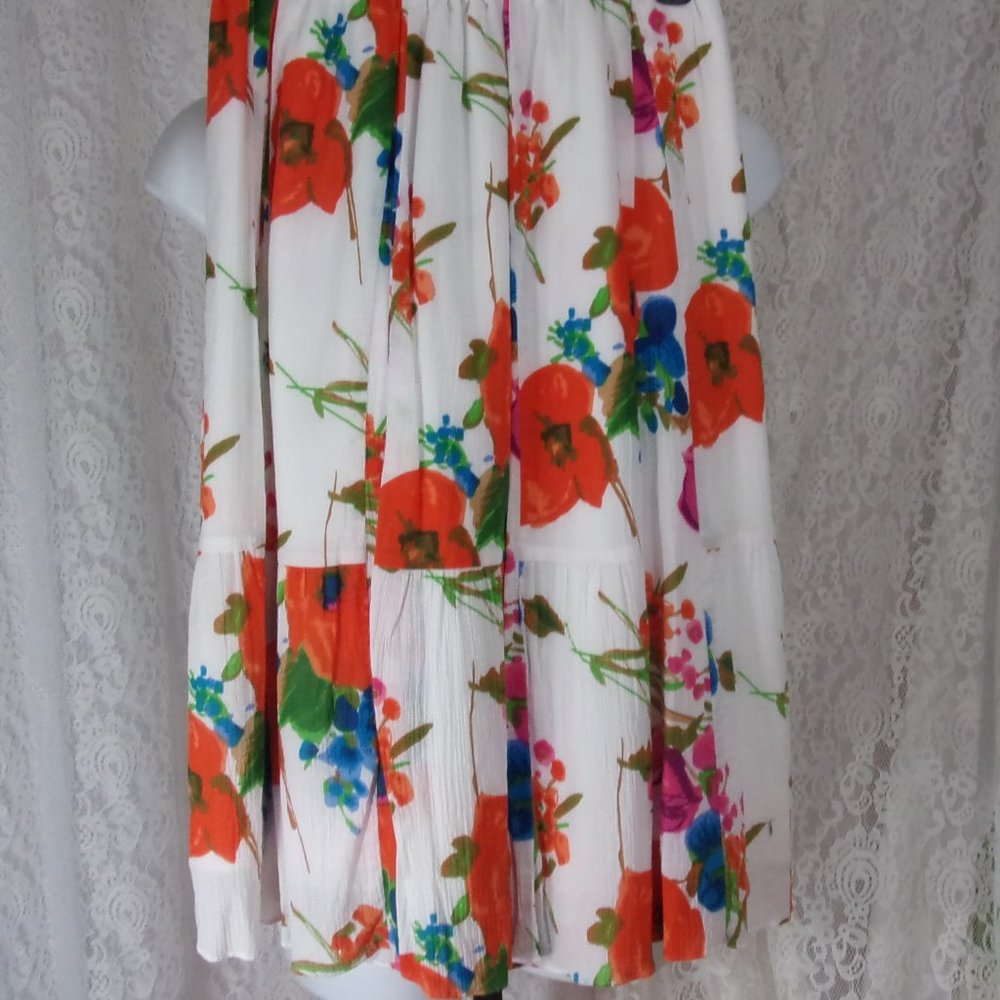 Floral Print of Orange Blue On White Maxi Midi Skirt